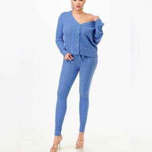 Blue Cable Knit Sweater and Leggings Set